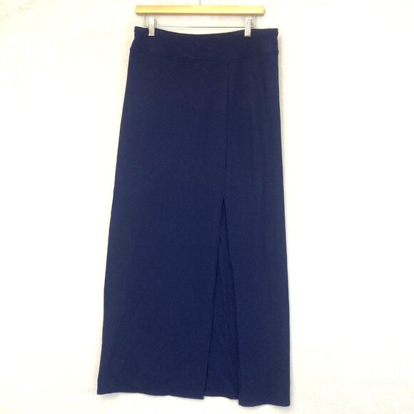 Boston Proper Slinky Maxi Skirt Womens Medium Navy Blue Slit Stretch Minimalist - Picture 1 of 12